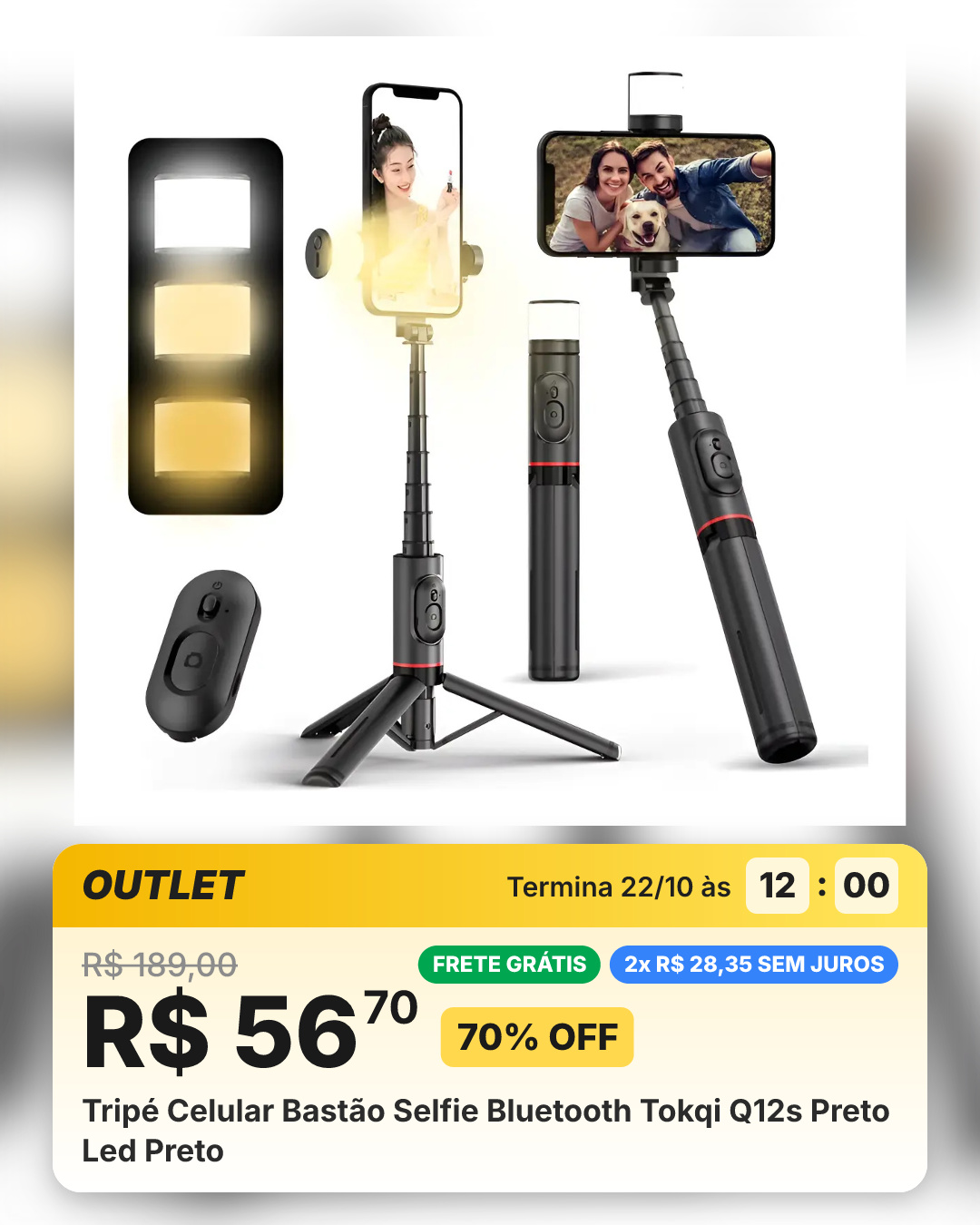 Tripé Celular Bastão Selfie Bluetooth Tokqi Q12s Preto Led Preto