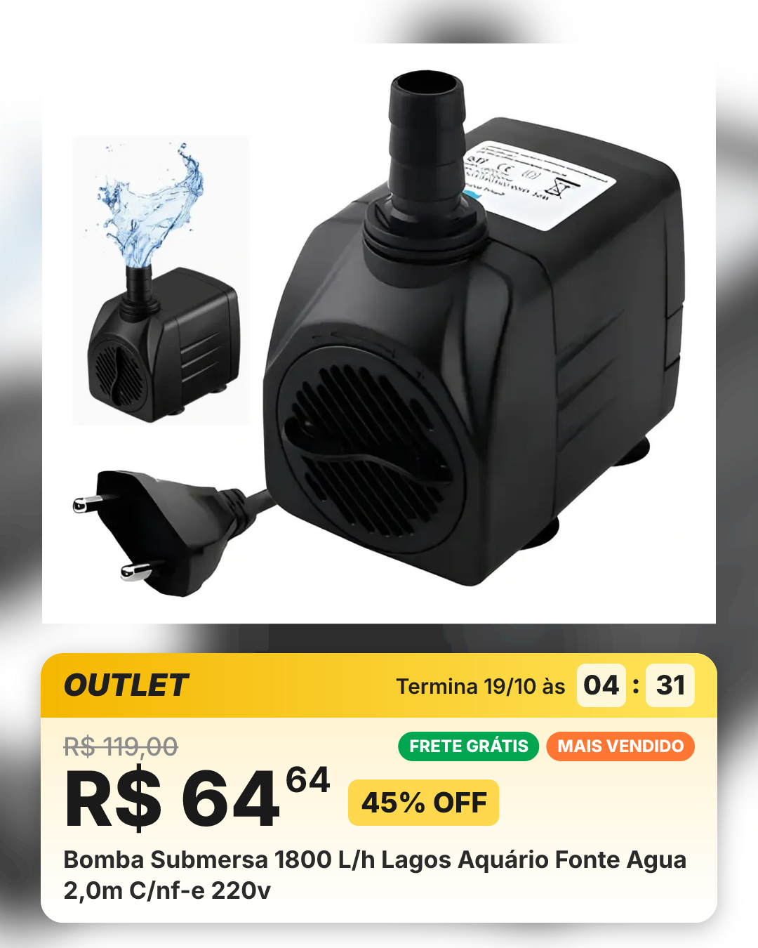 Bomba Submersa 1800 L/h Lagos Aquário Fonte Agua 2,0m C/nf-e 220v