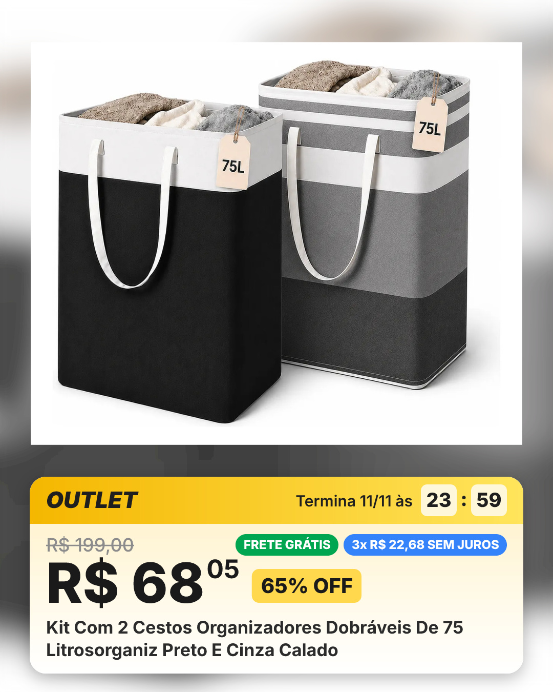 Kit Com 2 Cestos Organizadores Dobráveis De 75 Litrosorganiz Preto E Cinza Calado