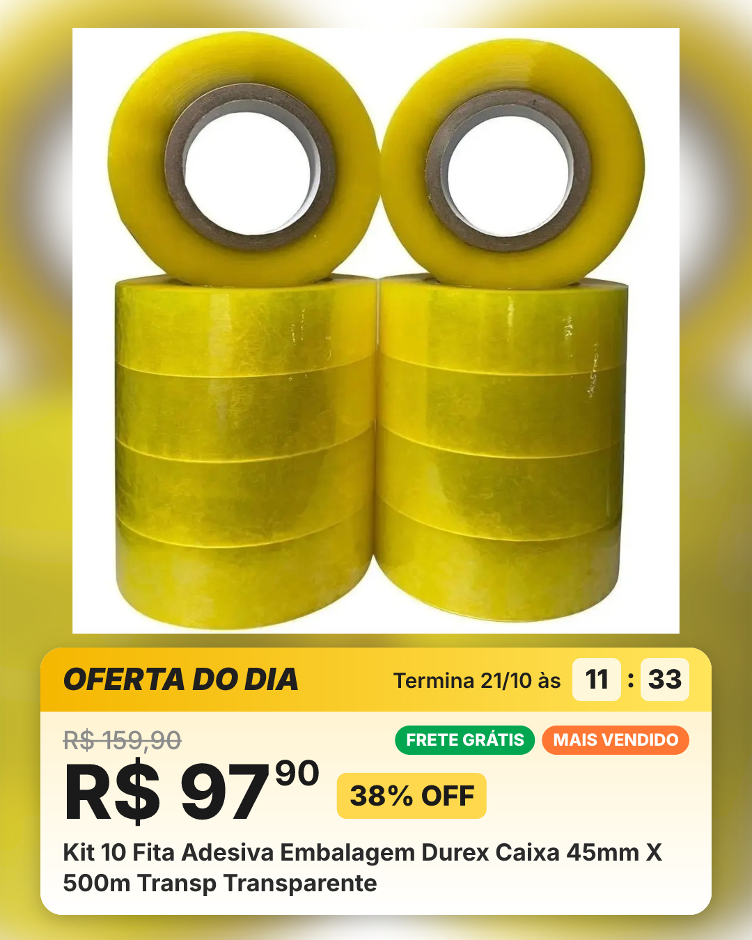 Kit 10 Fita Adesiva Embalagem Durex Caixa 45mm X 500m Transp Transparente