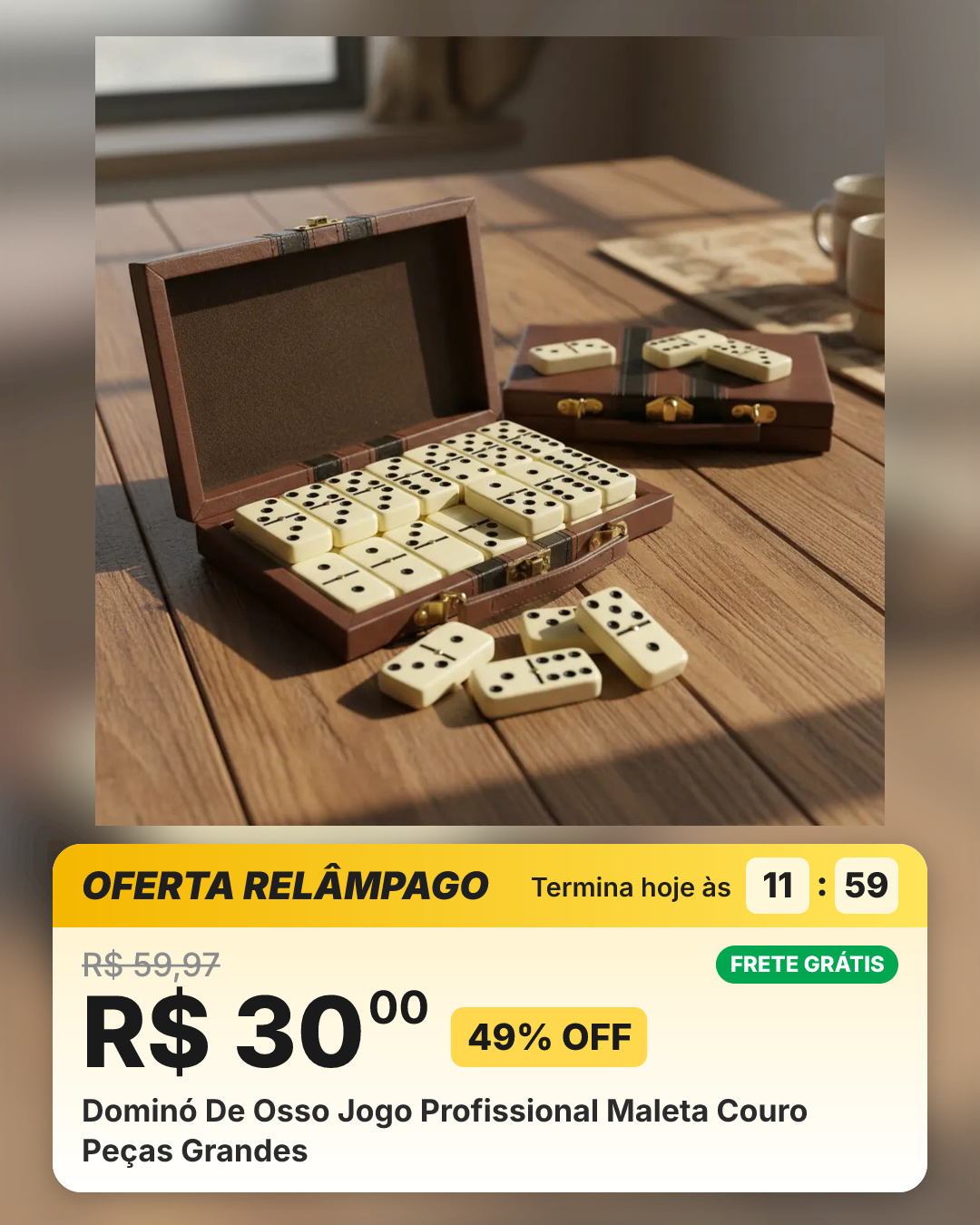 Dominó De Osso Jogo Profissional Maleta Couro Peças Grandes