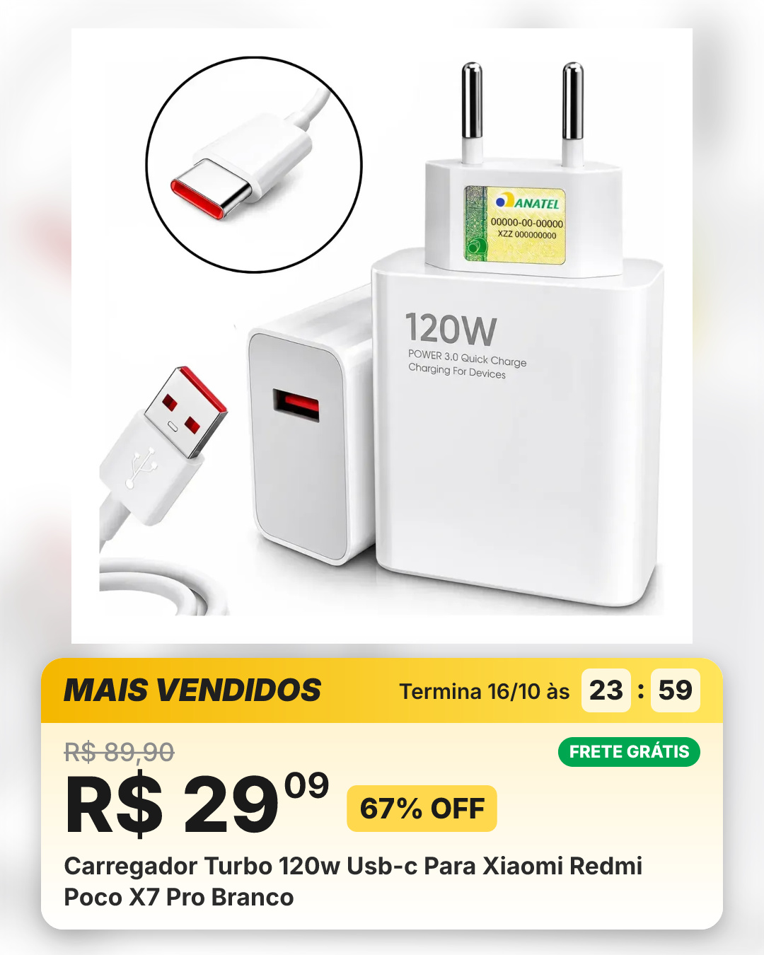 Carregador Turbo 120w Usb-c Para Xiaomi Redmi Poco X7 Pro Branco