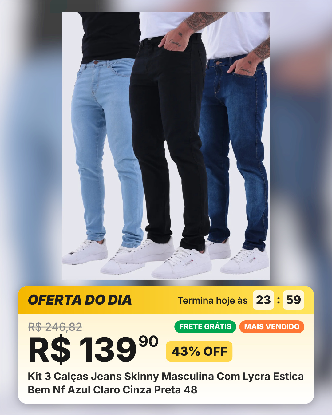 Kit 3 Calças Jeans Skinny Masculina Com Lycra Estica Bem Nf Azul Claro Cinza Preta 48