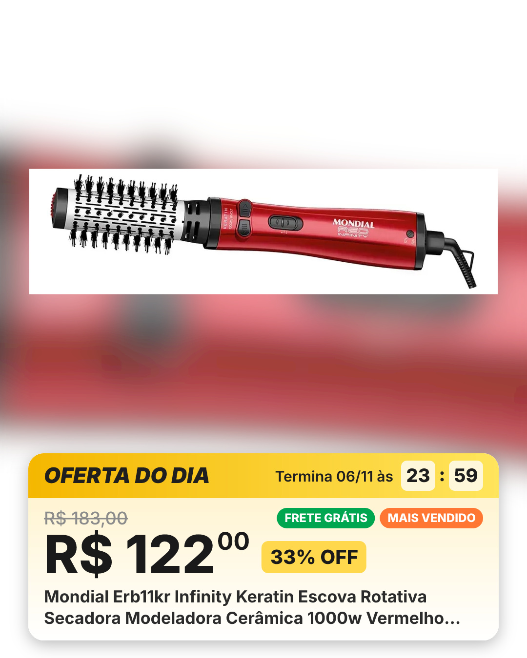 Mondial Erb11kr Infinity Keratin Escova Rotativa Secadora Modeladora Cerâmica 1000w Vermelho Bivolt 127/220v