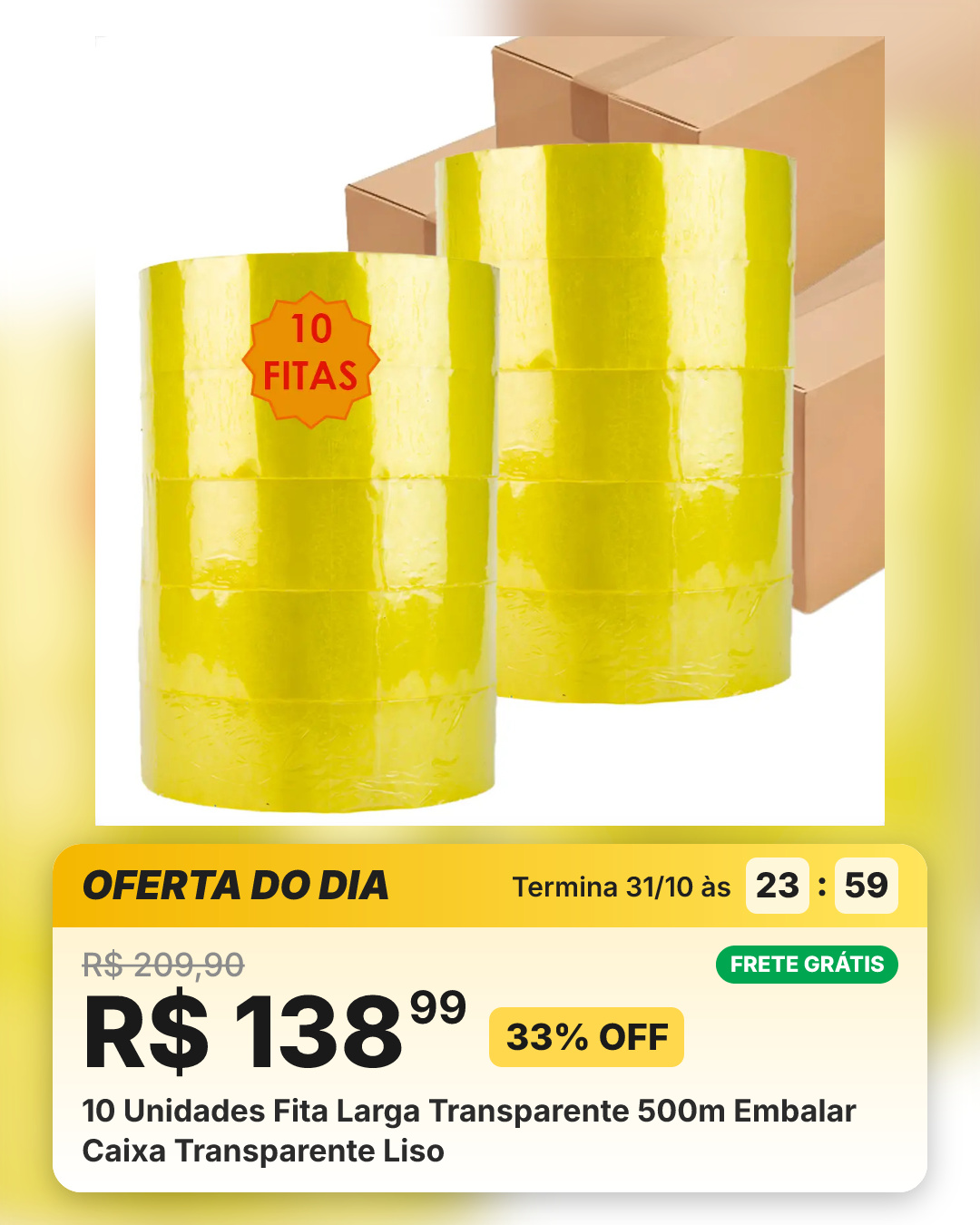 10 Unidades Fita Larga Transparente 500m Embalar Caixa Transparente Liso