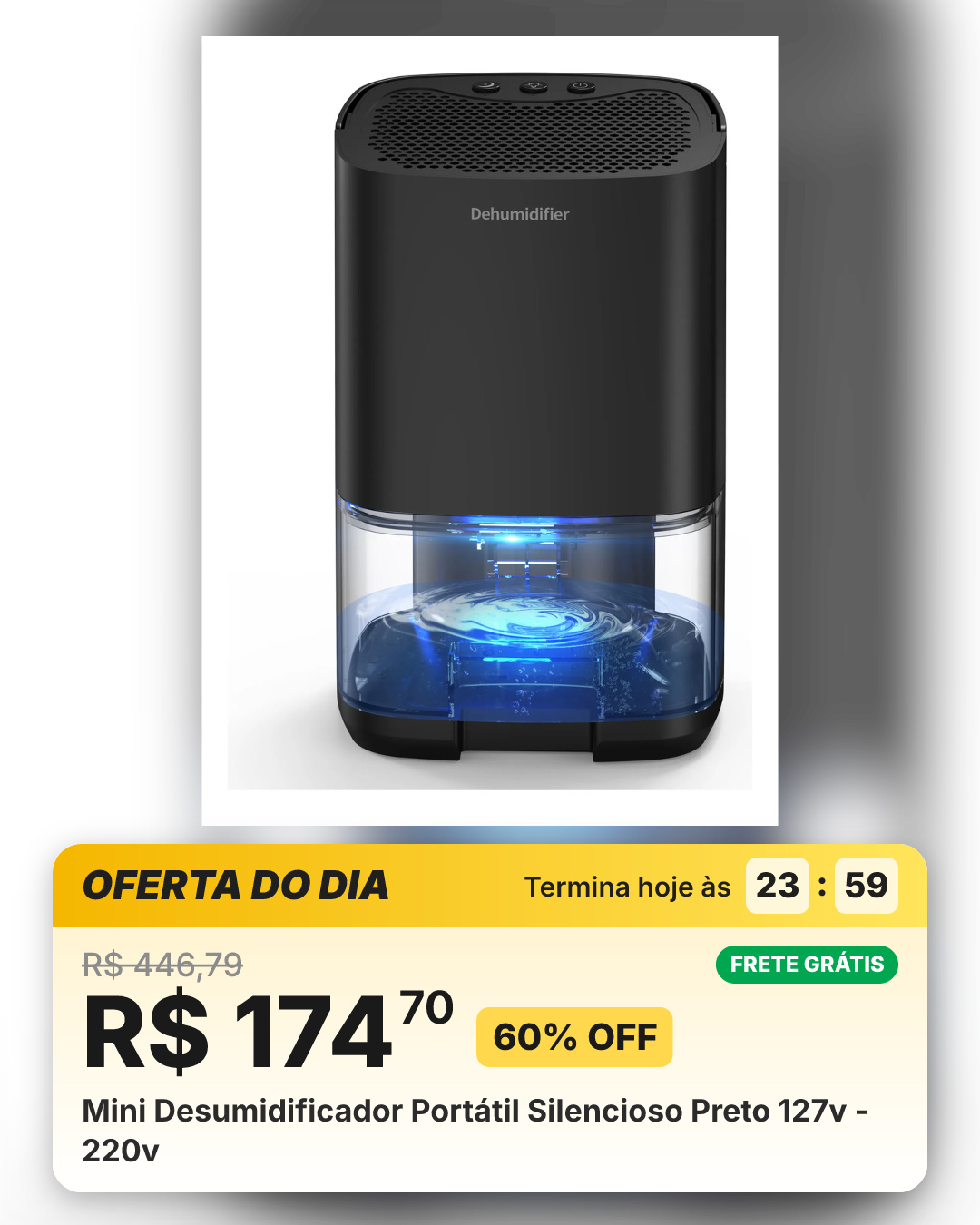 Mini Desumidificador Portátil Silencioso Preto 127v - 220v