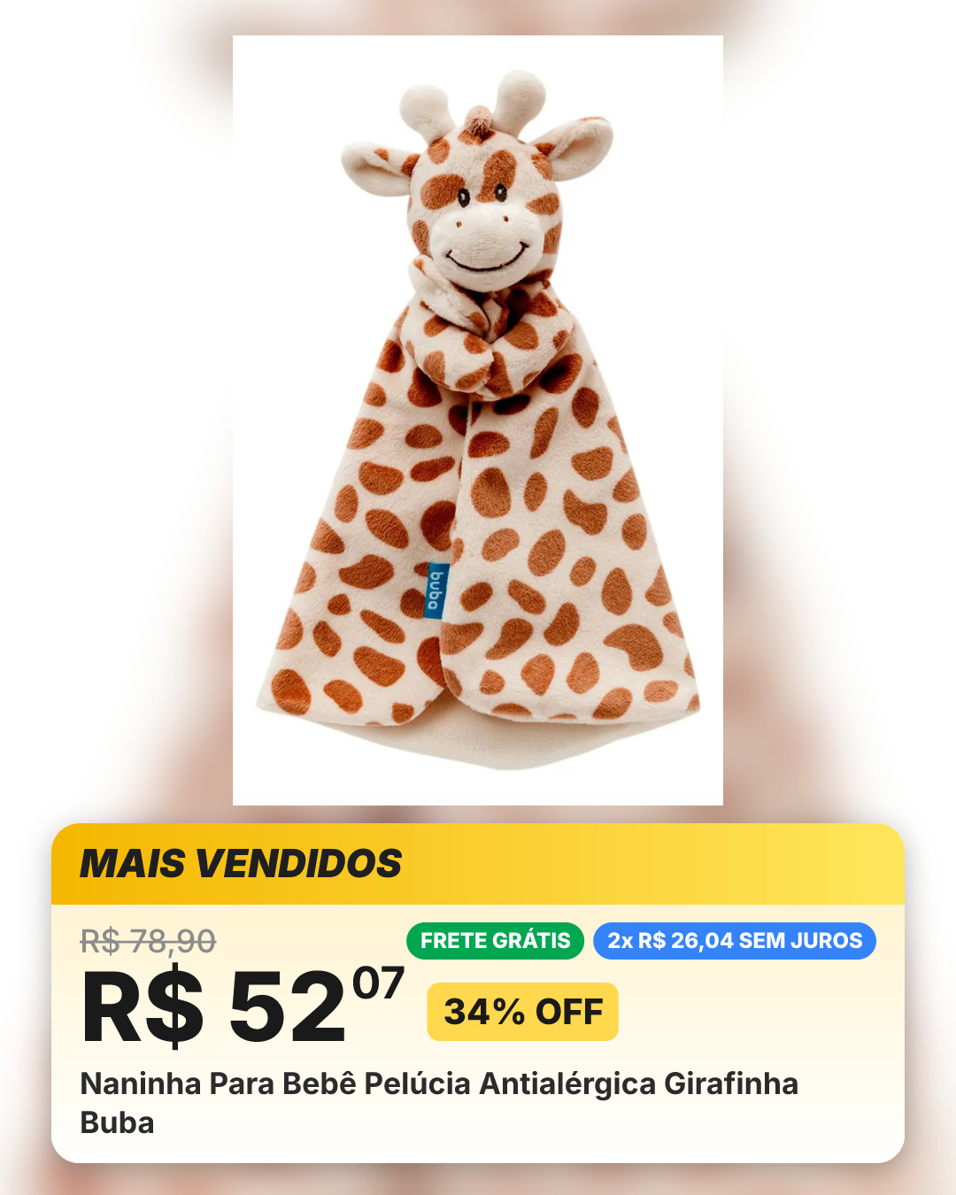 Naninha Para Bebê Pelúcia Antialérgica Girafinha Buba