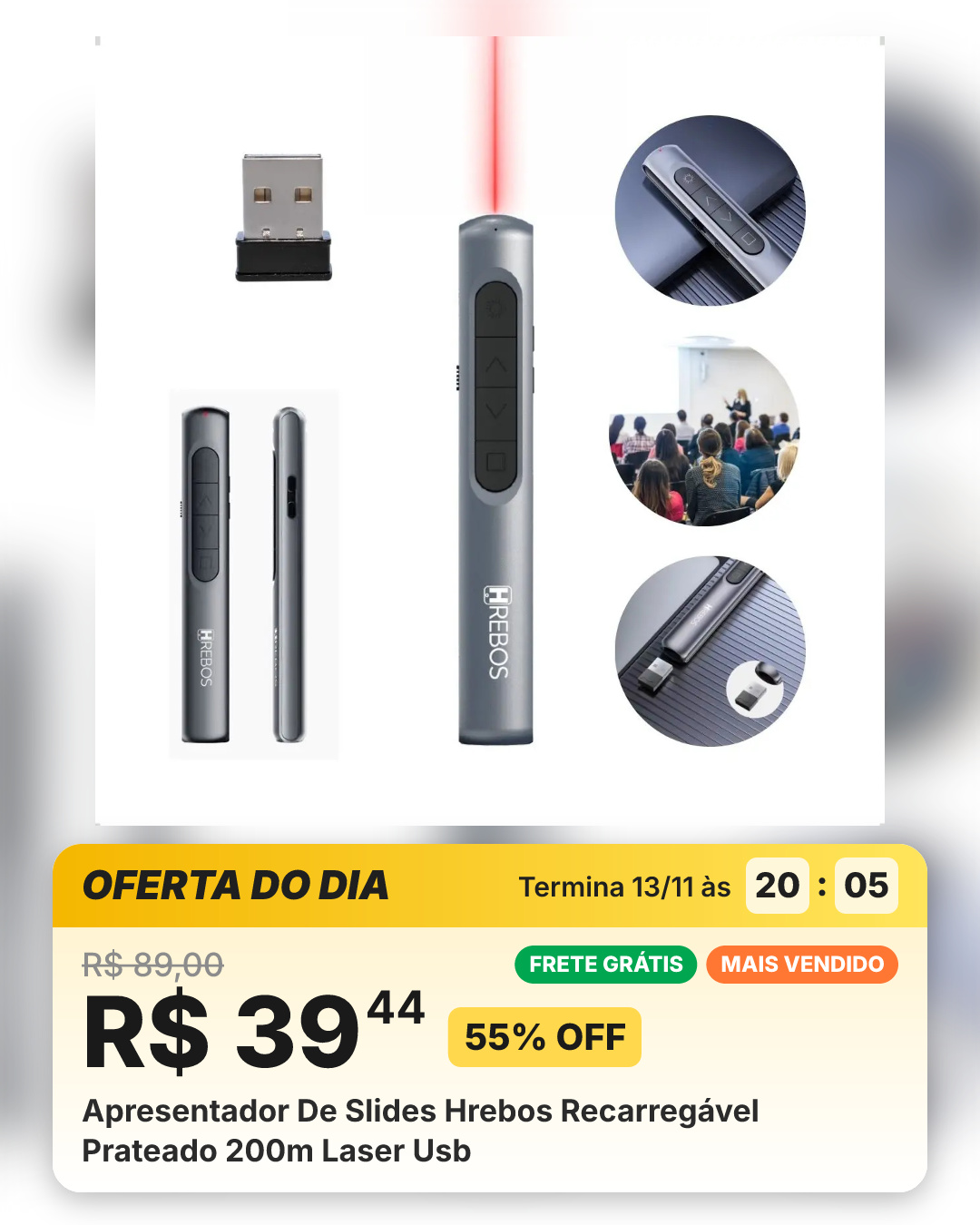 Apresentador De Slides Hrebos Recarregável Prateado 200m Laser Usb