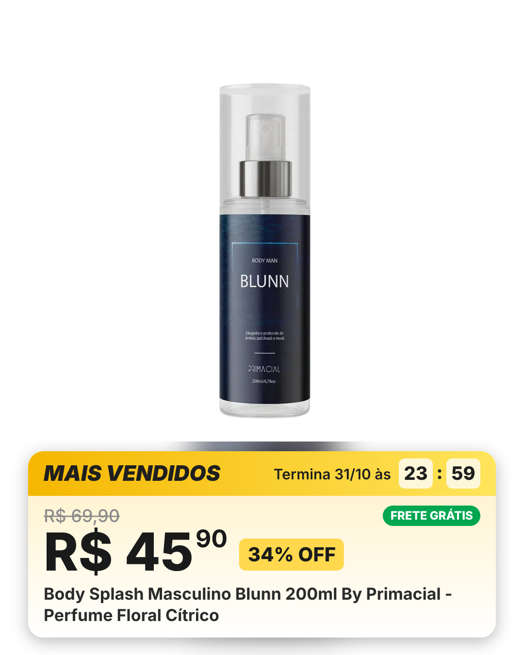 Body Splash Masculino Blunn 200ml By Primacial - Perfume Floral Cítrico
