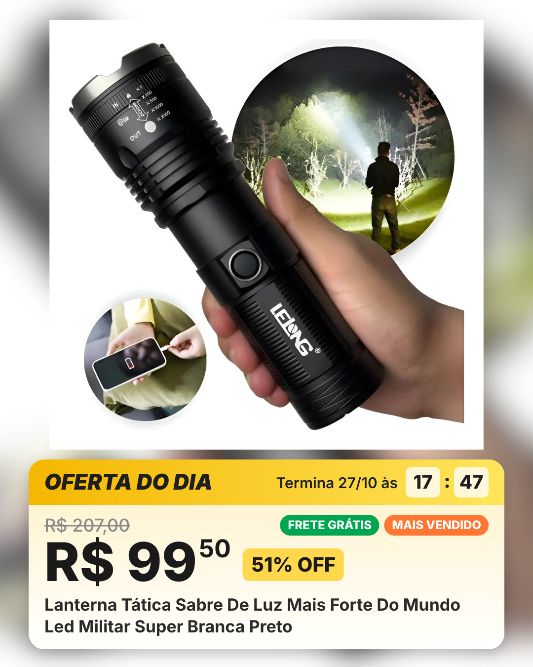 Lanterna Tática Sabre De Luz Mais Forte Do Mundo Led Militar Super Branca Preto