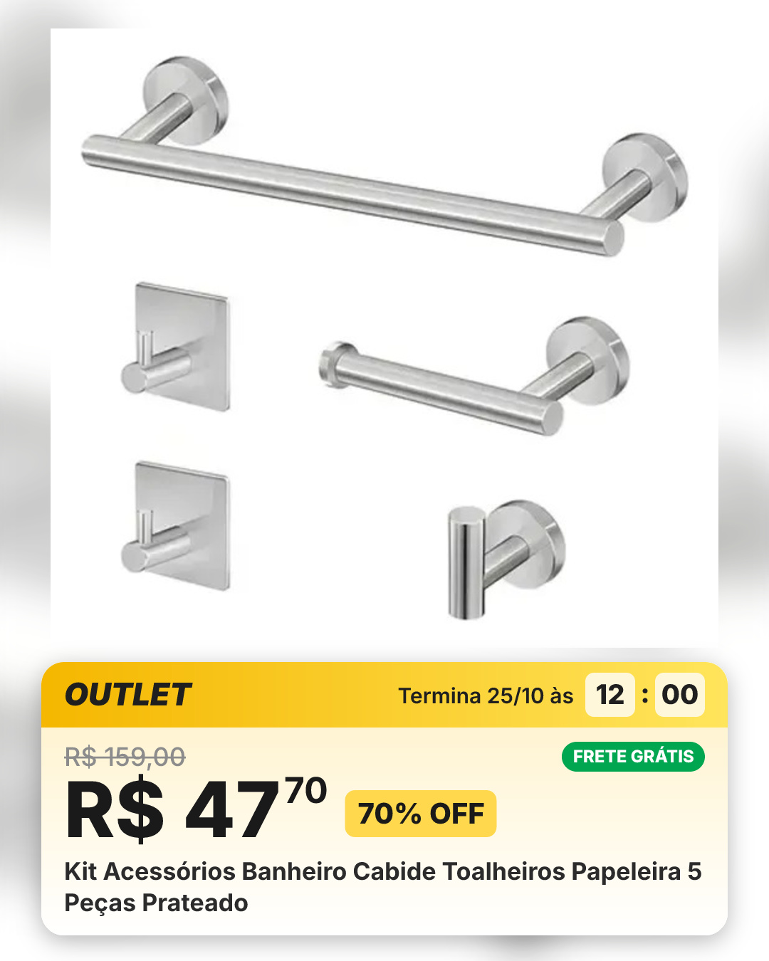 Kit Acessórios Banheiro Cabide Toalheiros Papeleira 5 Peças Prateado