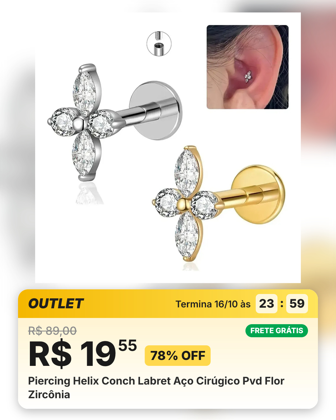Piercing Helix Conch Labret Aço Cirúgico Pvd Flor Zircônia