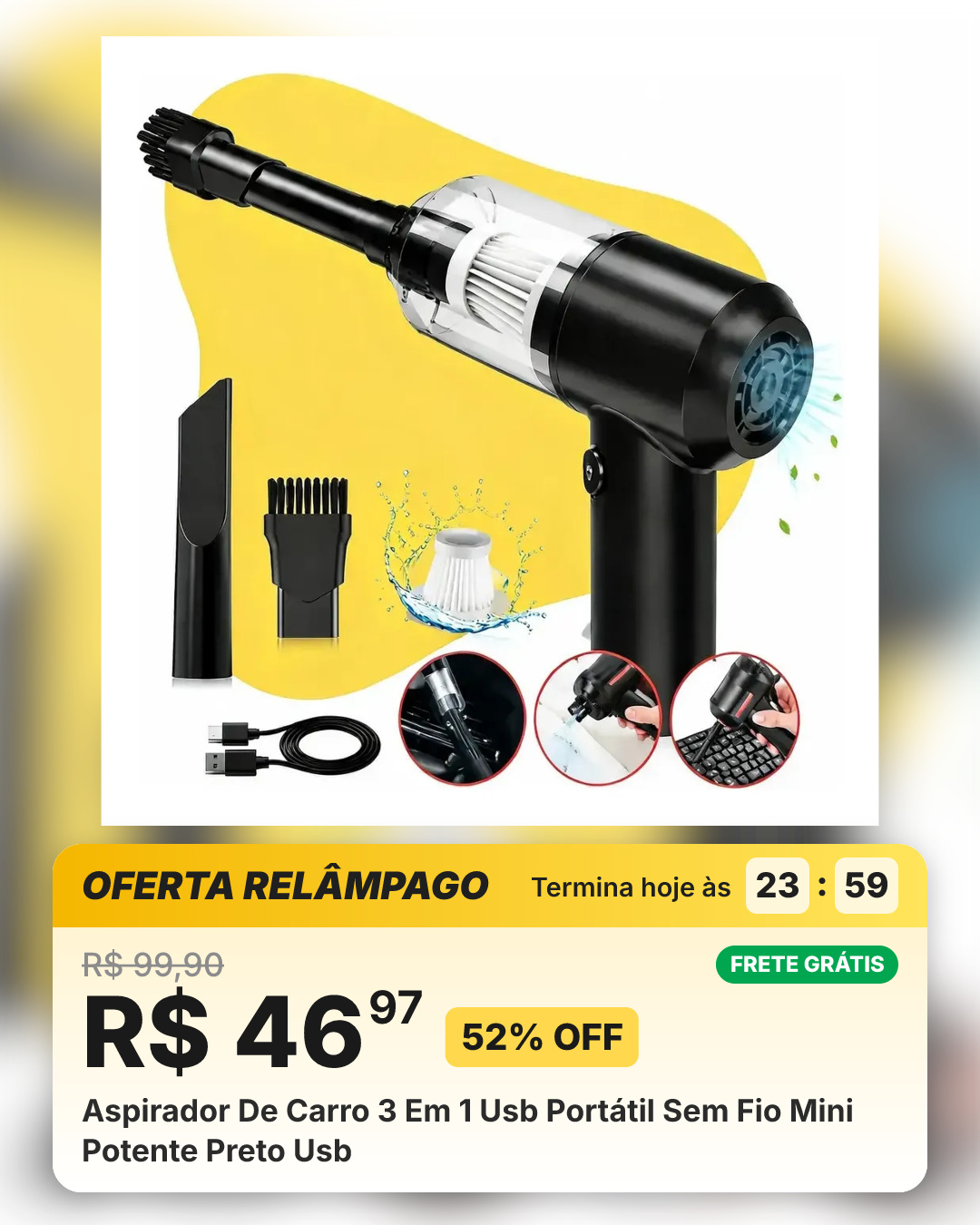 Aspirador De Carro 3 Em 1 Usb Portátil Sem Fio Mini Potente Preto Usb