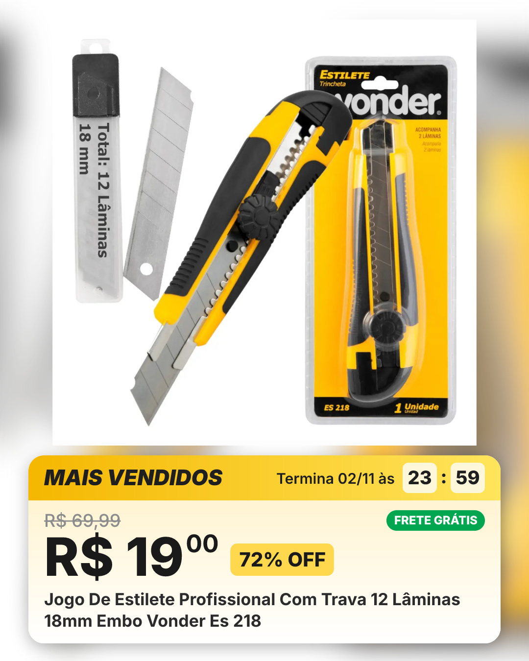 Jogo De Estilete Profissional Com Trava 12 Lâminas 18mm Embo Vonder Es 218