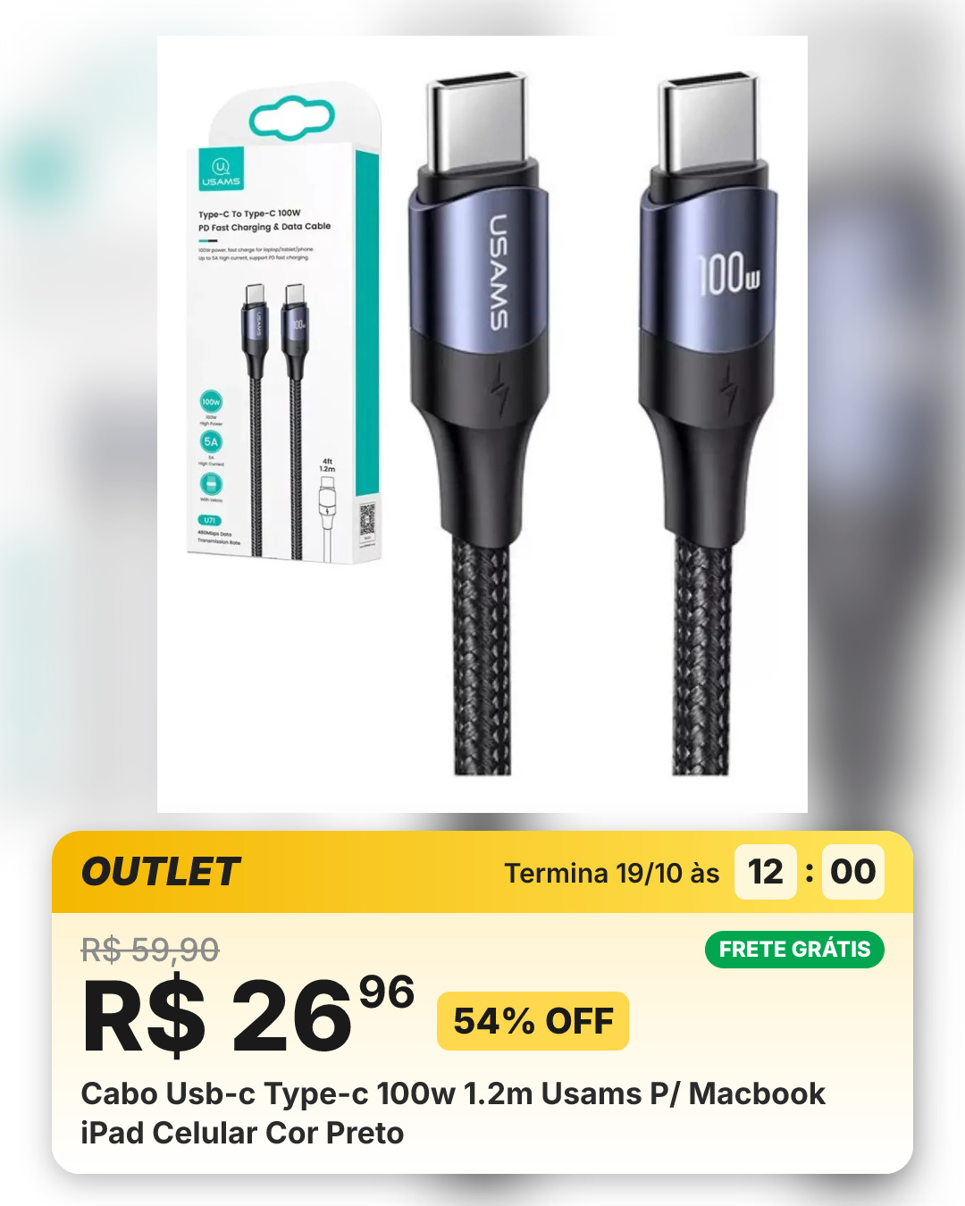 Cabo Usb-c Type-c 100w 1.2m Usams P/ Macbook iPad Celular Cor Preto
