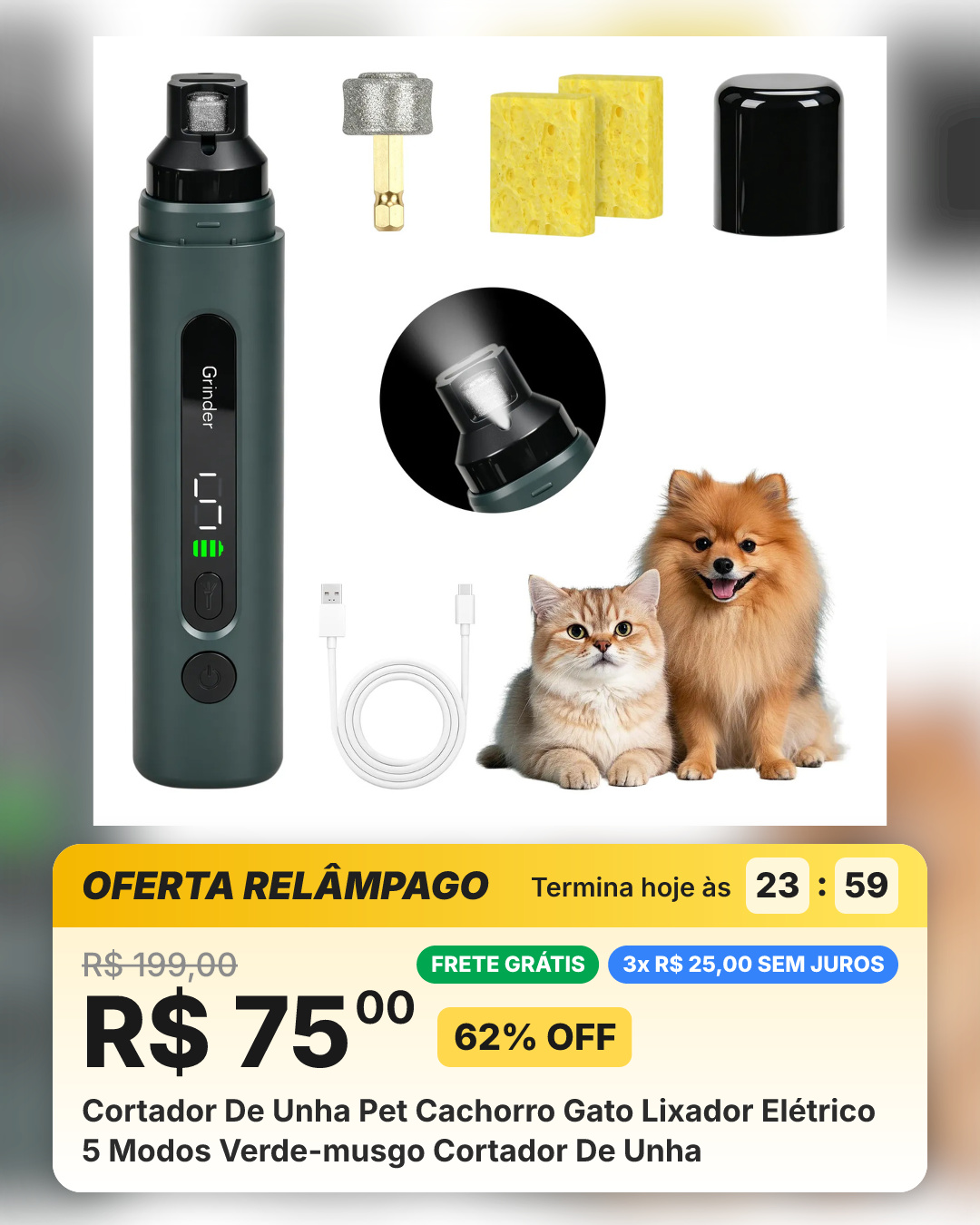 Cortador De Unha Pet Cachorro Gato Lixador Elétrico 5 Modos Verde-musgo Cortador De Unha