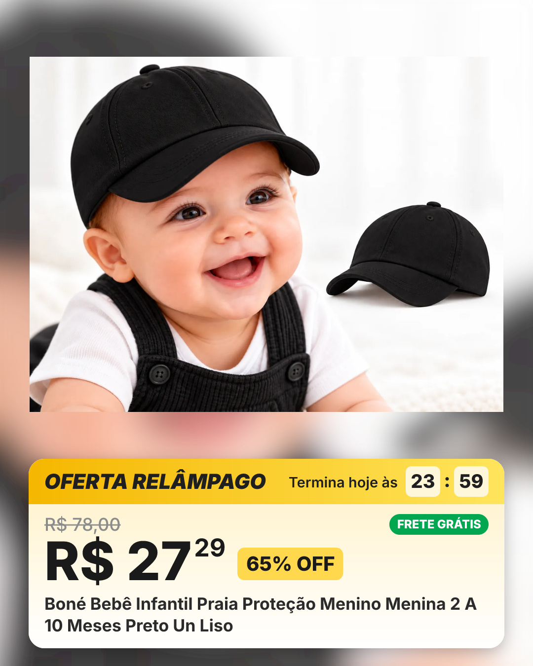 Boné Bebê Infantil Praia Proteção Menino Menina 2 A 10 Meses Preto Un Liso