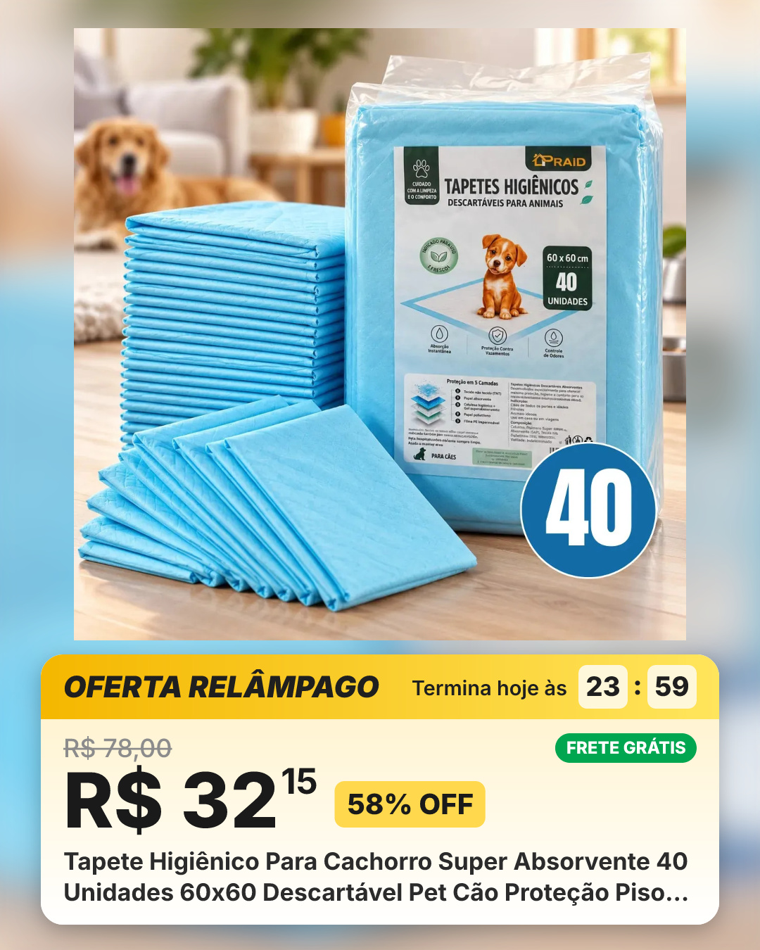 Tapete Higiênico Para Cachorro Super Absorvente 40 Unidades 60x60 Descartável Pet Cão Proteção Piso Alta Absorção Branco