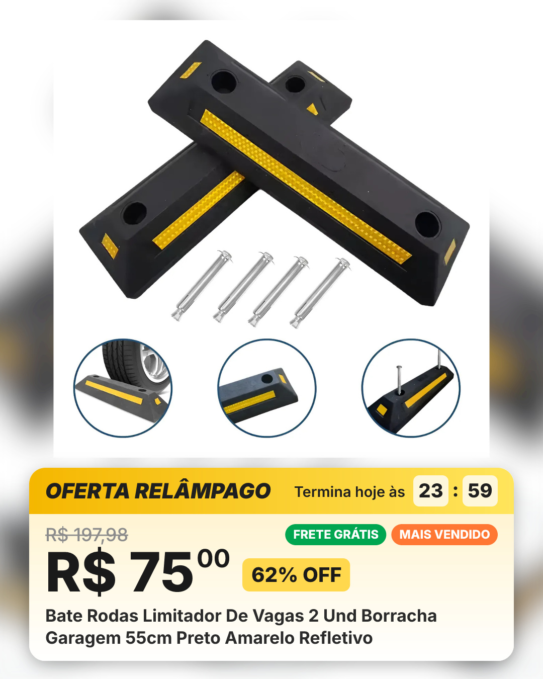 Bate Rodas Limitador De Vagas 2 Und Borracha Garagem 55cm Preto Amarelo Refletivo
