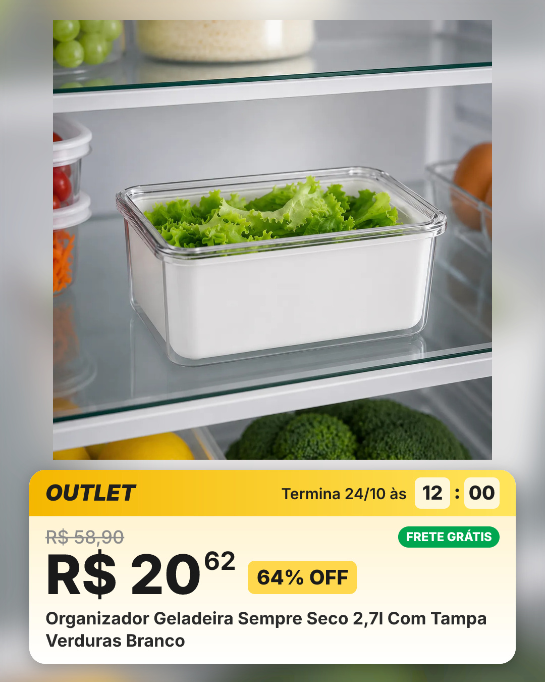 Organizador Geladeira Sempre Seco 2,7l Com Tampa Verduras Branco