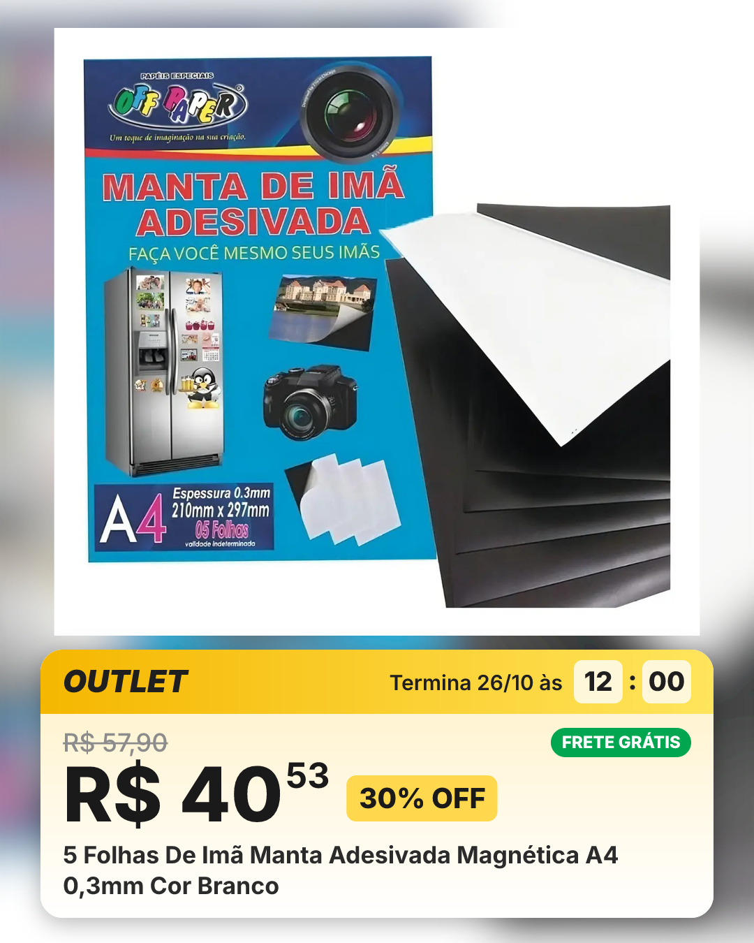 5 Folhas De Imã Manta Adesivada Magnética A4 0,3mm Cor Branco