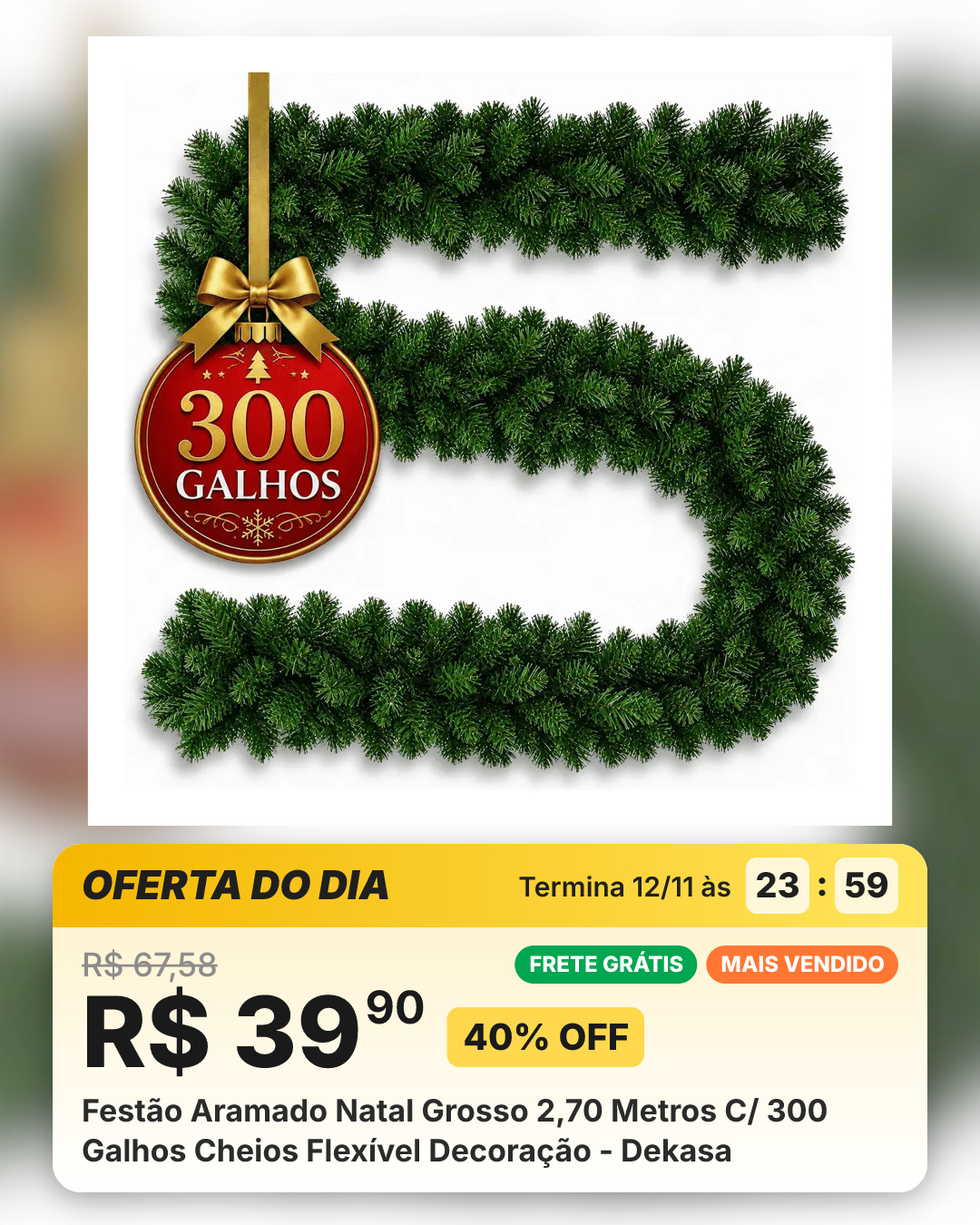 Festão Aramado Natal Grosso 2,70 Metros C/ 300 Galhos Cheios Flexível Decoração - Dekasa