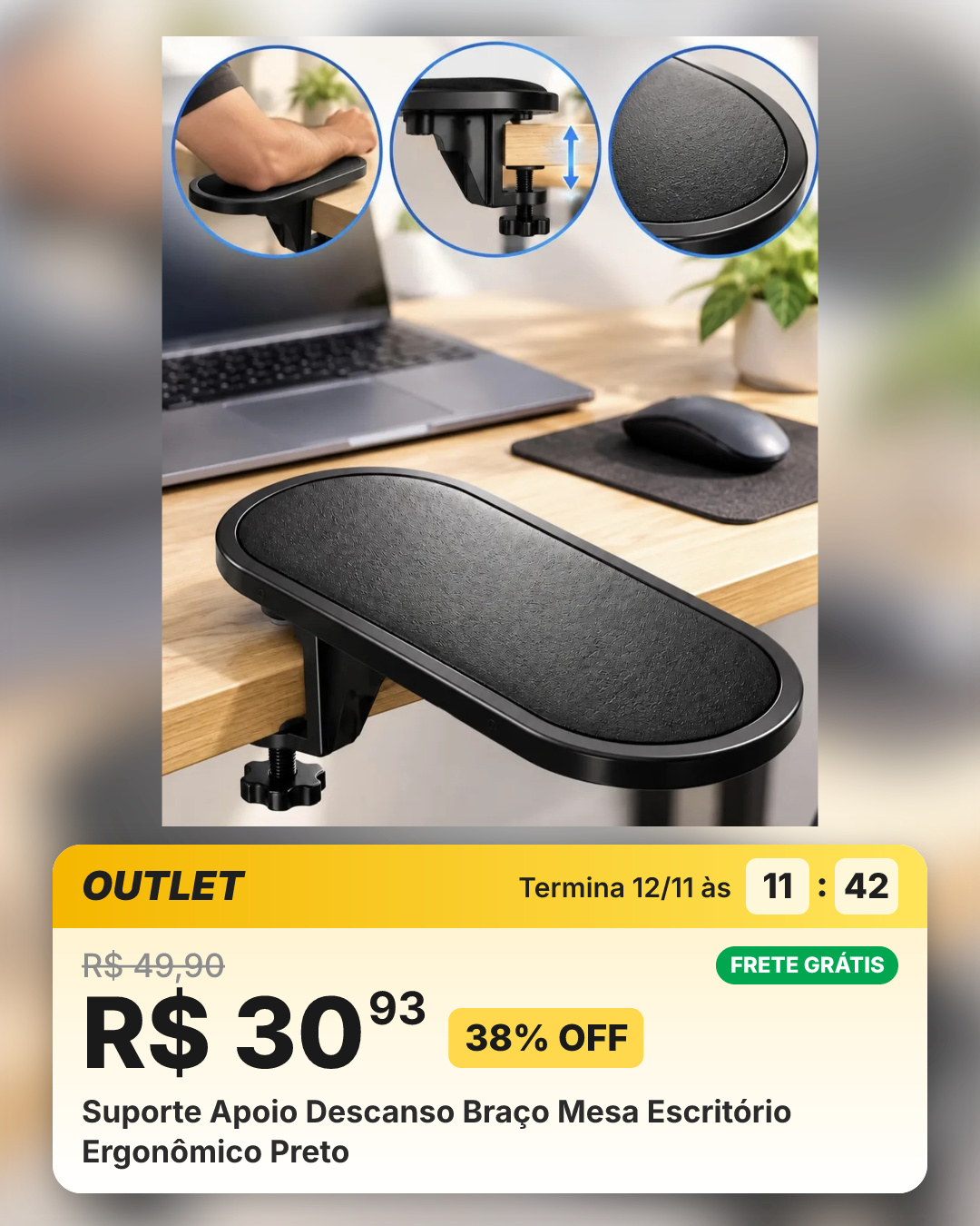 Suporte Apoio Descanso Braço Mesa Escritório Ergonômico Preto