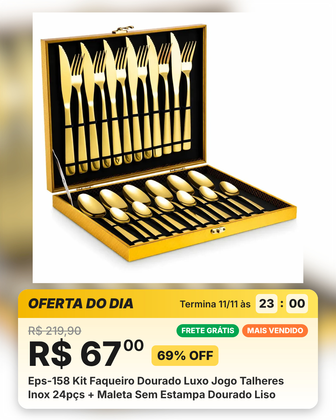 Eps-158 Kit Faqueiro Dourado Luxo Jogo Talheres Inox 24pçs + Maleta Sem Estampa Dourado Liso