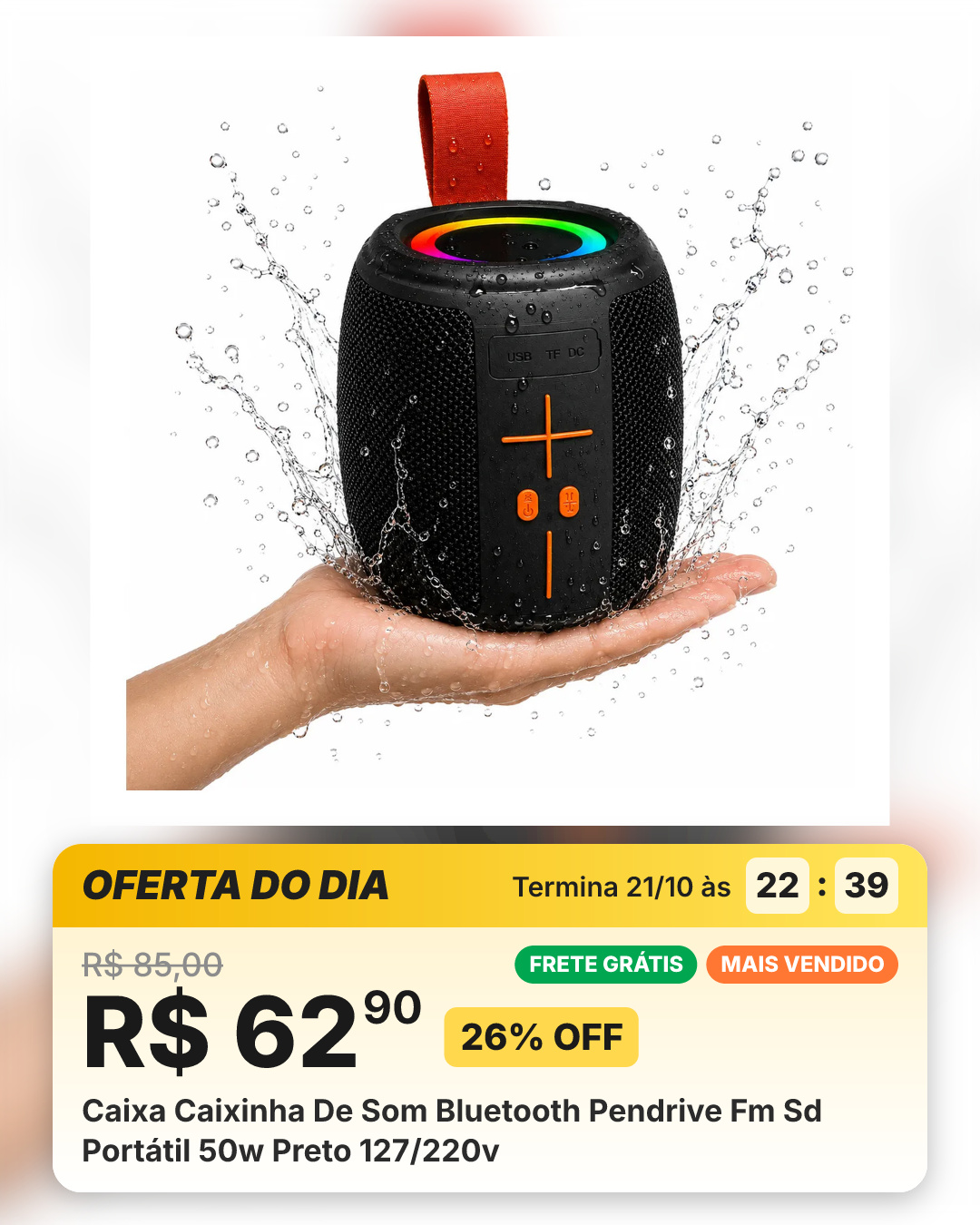 Caixa Caixinha De Som Bluetooth Pendrive Fm Sd Portátil 50w Preto 127/220v