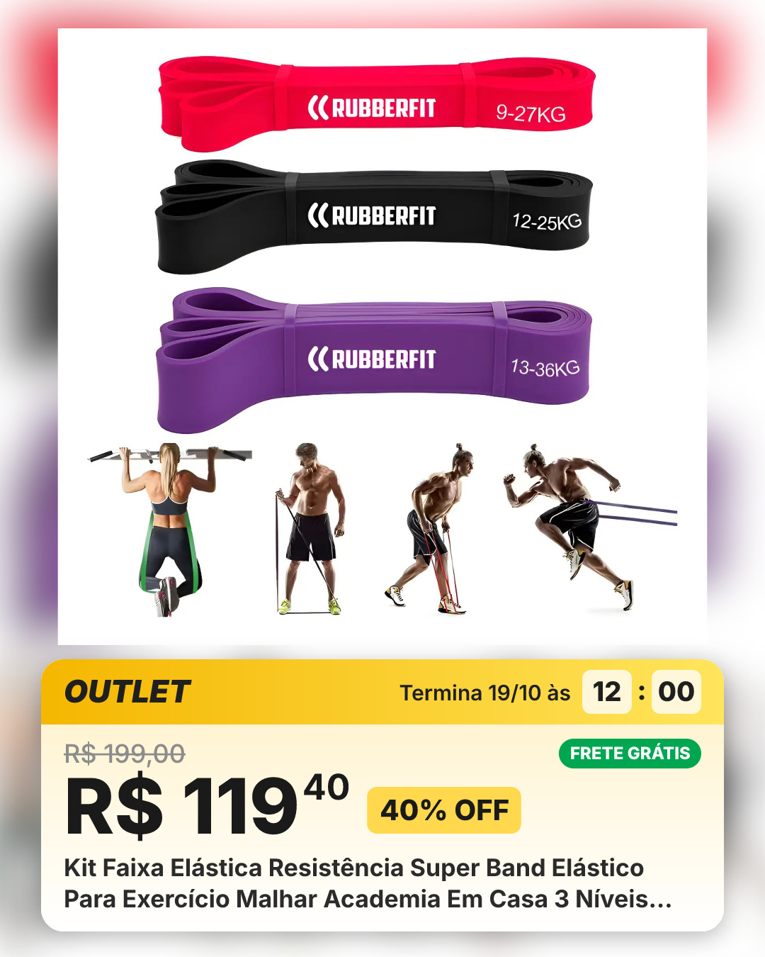 Kit Faixa Elástica Resistência Super Band Elástico Para Exercício Malhar Academia Em Casa 3 Níveis Preto