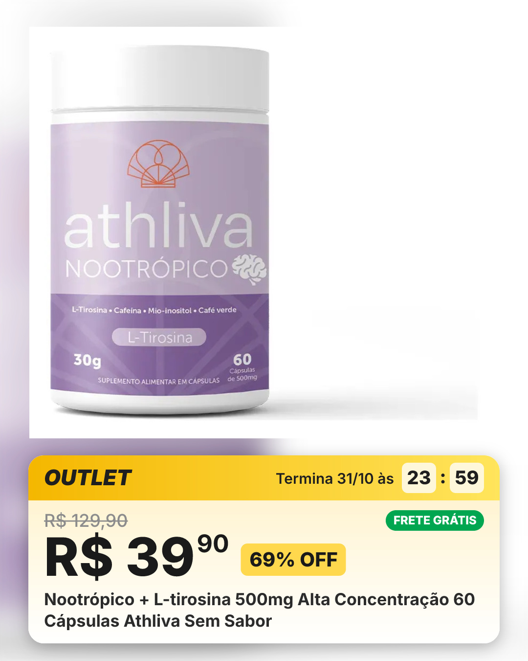 Nootrópico + L-tirosina 500mg Alta Concentração 60 Cápsulas Athliva Sem Sabor