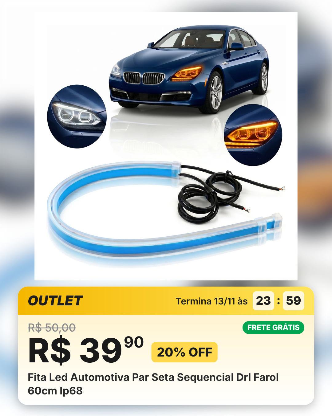 Fita Led Automotiva Par Seta Sequencial Drl Farol 60cm Ip68