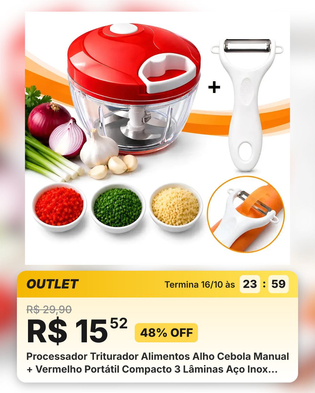 Processador Triturador Alimentos Alho Cebola Manual + Vermelho Portátil Compacto 3 Lâminas Aço Inox Verduras Legumes Temperos