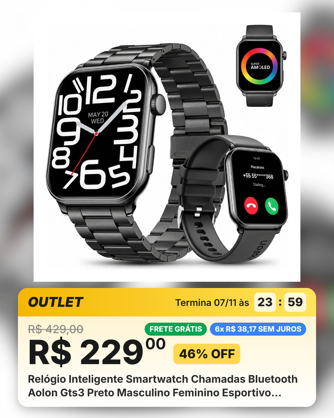 Relógio Inteligente Smartwatch Chamadas Bluetooth Aolon Gts3 Preto Masculino Feminino Esportivo Notificações Instantâneas Agua Ip68 1.85 Amoled Com Codificador Monitor Cardíaco Spo2 2 Pulseiras 8,8mm