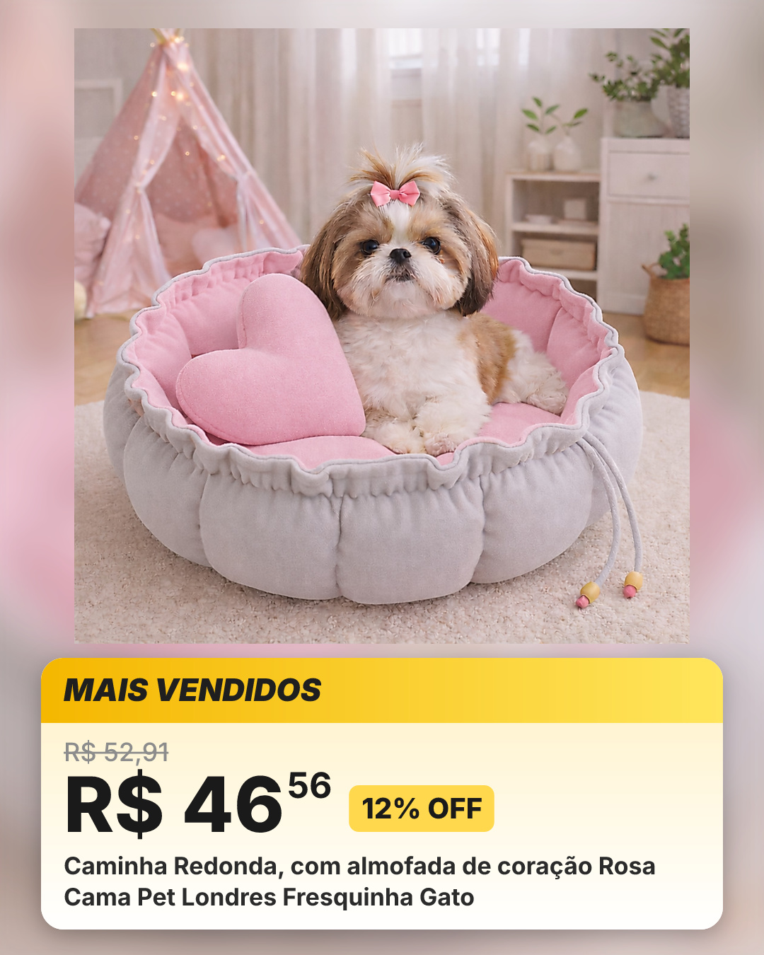 Caminha Redonda, com almofada de coração Rosa Cama Pet Londres Fresquinha Gato