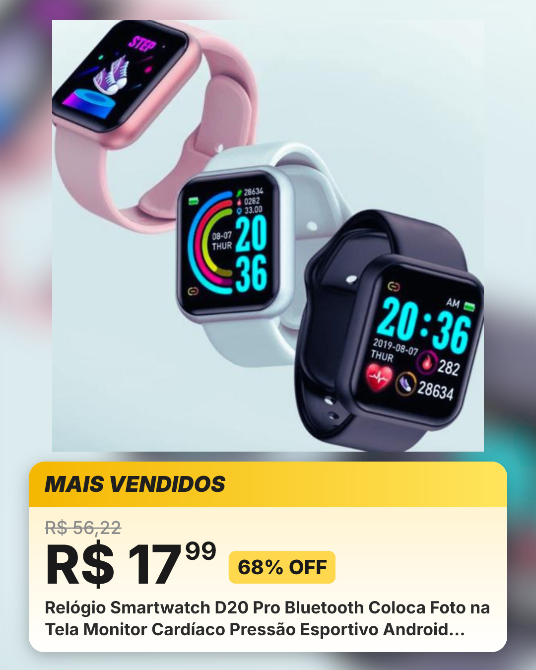 Relógio Smartwatch D20 Pro Bluetooth Coloca Foto na Tela Monitor Cardíaco Pressão Esportivo Android iPhone