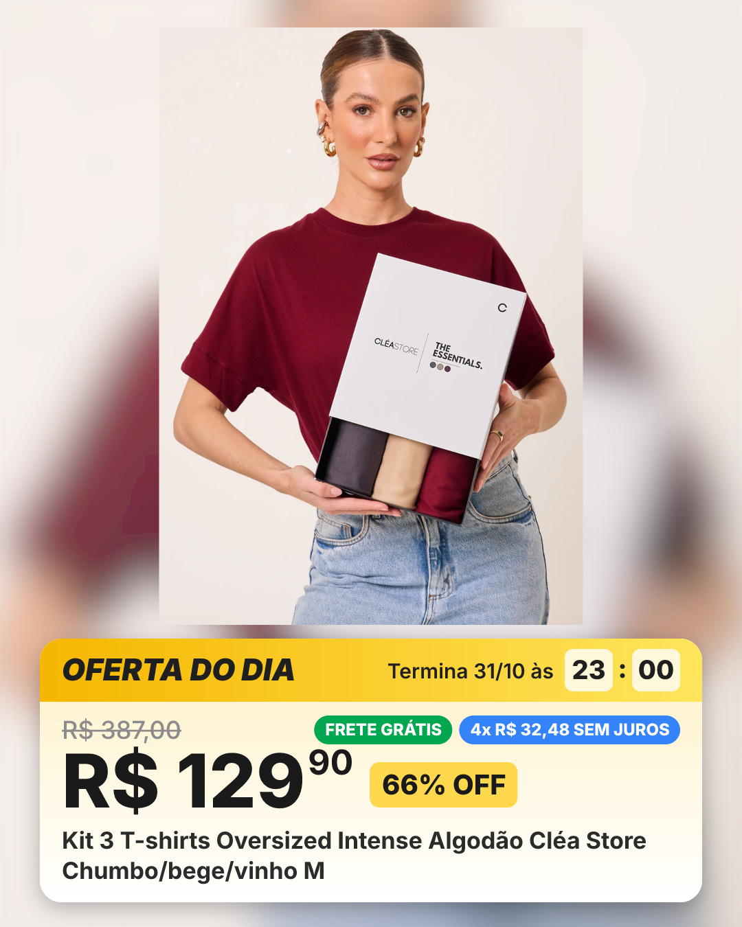 Kit 3 T-shirts Oversized Intense Algodão Cléa Store Chumbo/bege/vinho M