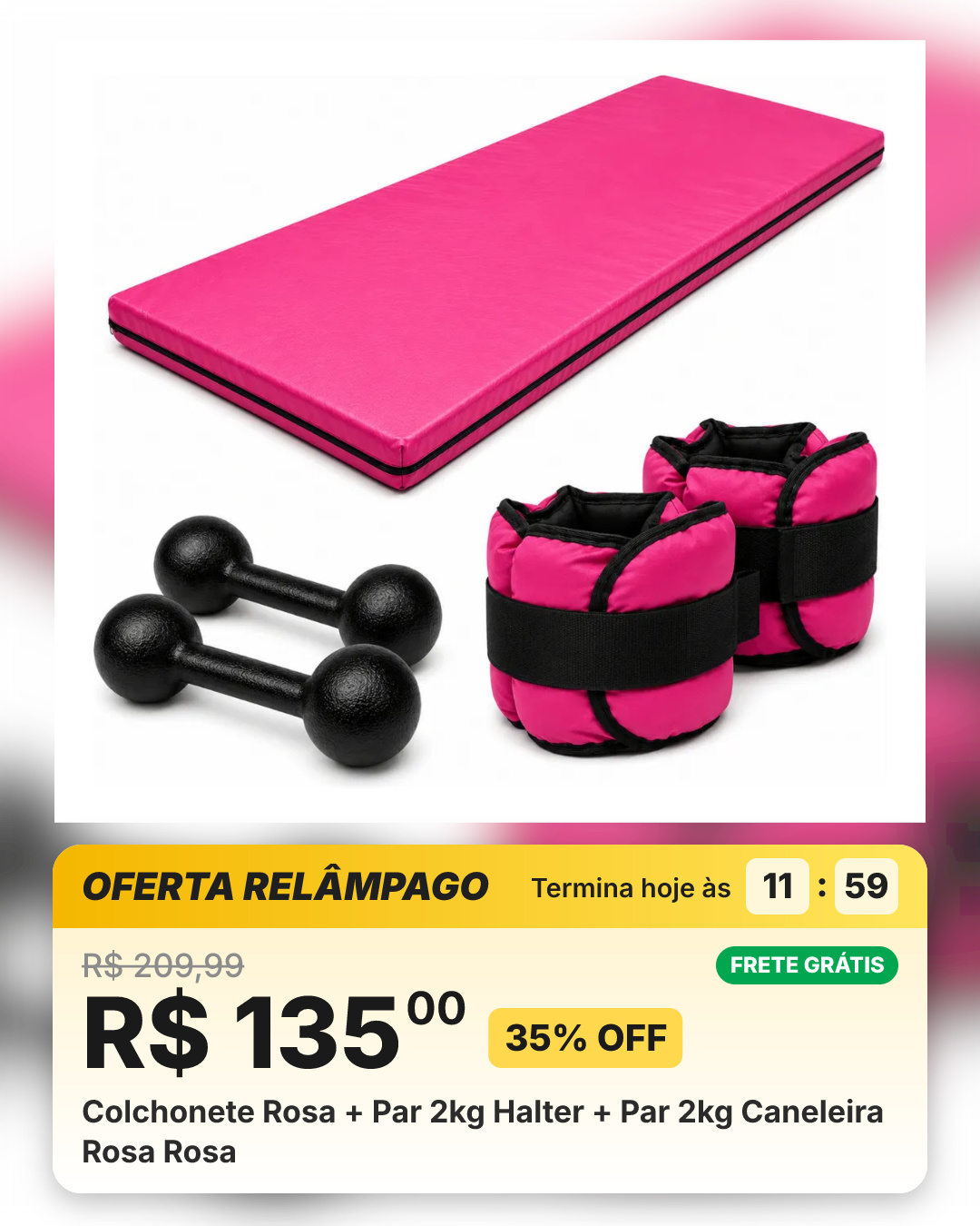 Colchonete Rosa + Par 2kg Halter + Par 2kg Caneleira Rosa Rosa