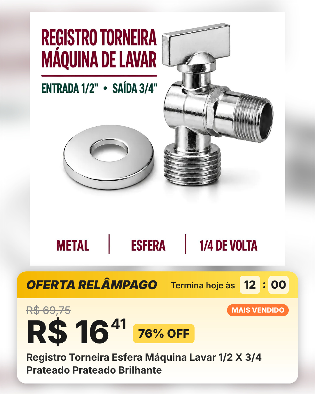 Registro Torneira Esfera Máquina Lavar 1/2 X 3/4 Prateado Prateado Brilhante