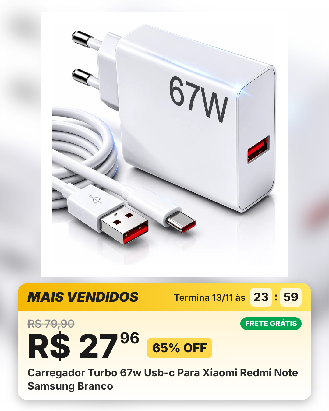 Carregador Turbo 67w Usb-c Para Xiaomi Redmi Note Samsung Branco