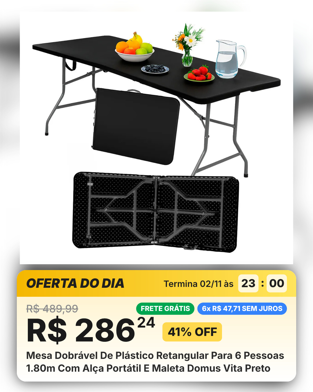 Mesa Dobrável De Plástico Retangular Para 6 Pessoas 1.80m Com Alça Portátil E Maleta Domus Vita Preto