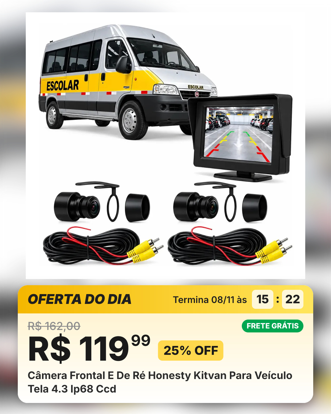 Câmera Frontal E De Ré Honesty Kitvan Para Veículo Tela 4.3 Ip68 Ccd