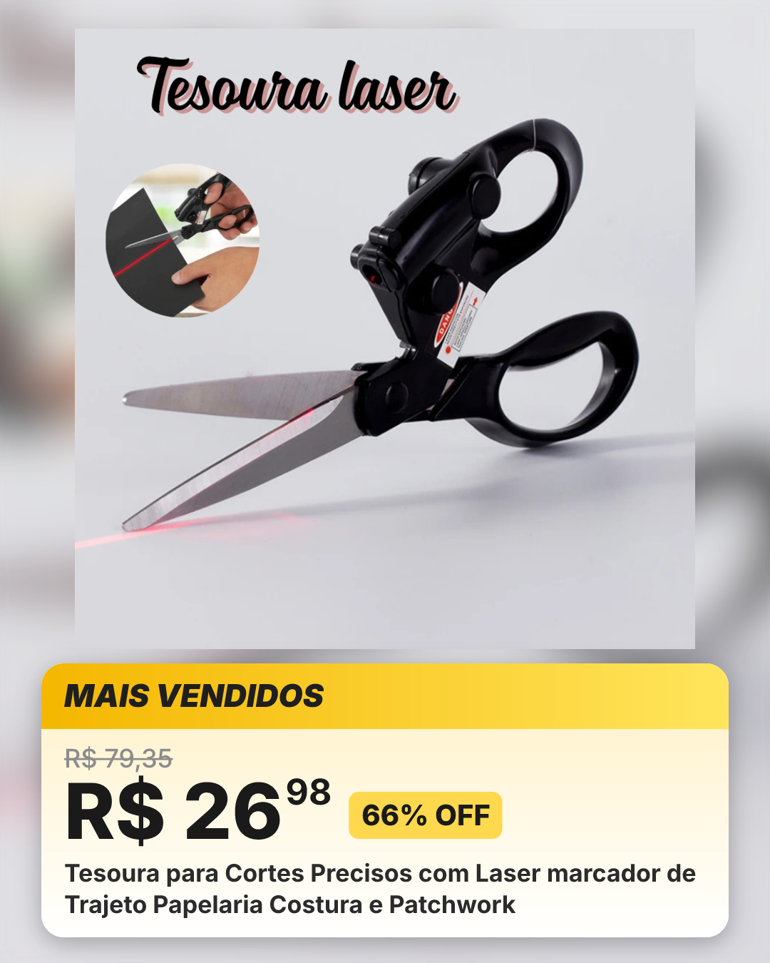 Tesoura para Cortes Precisos com Laser marcador de Trajeto Papelaria Costura e Patchwork