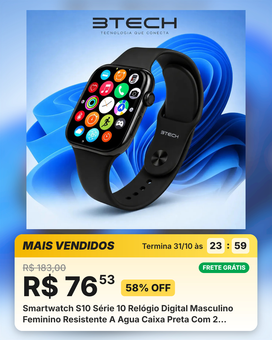 Smartwatch S10 Série 10 Relógio Digital Masculino Feminino Resistente A Agua Caixa Preta Com 2 Pulseiras Smartwatch Completo Compatível Android E Ios Monitor Atividades 3 Tech Preto Liso