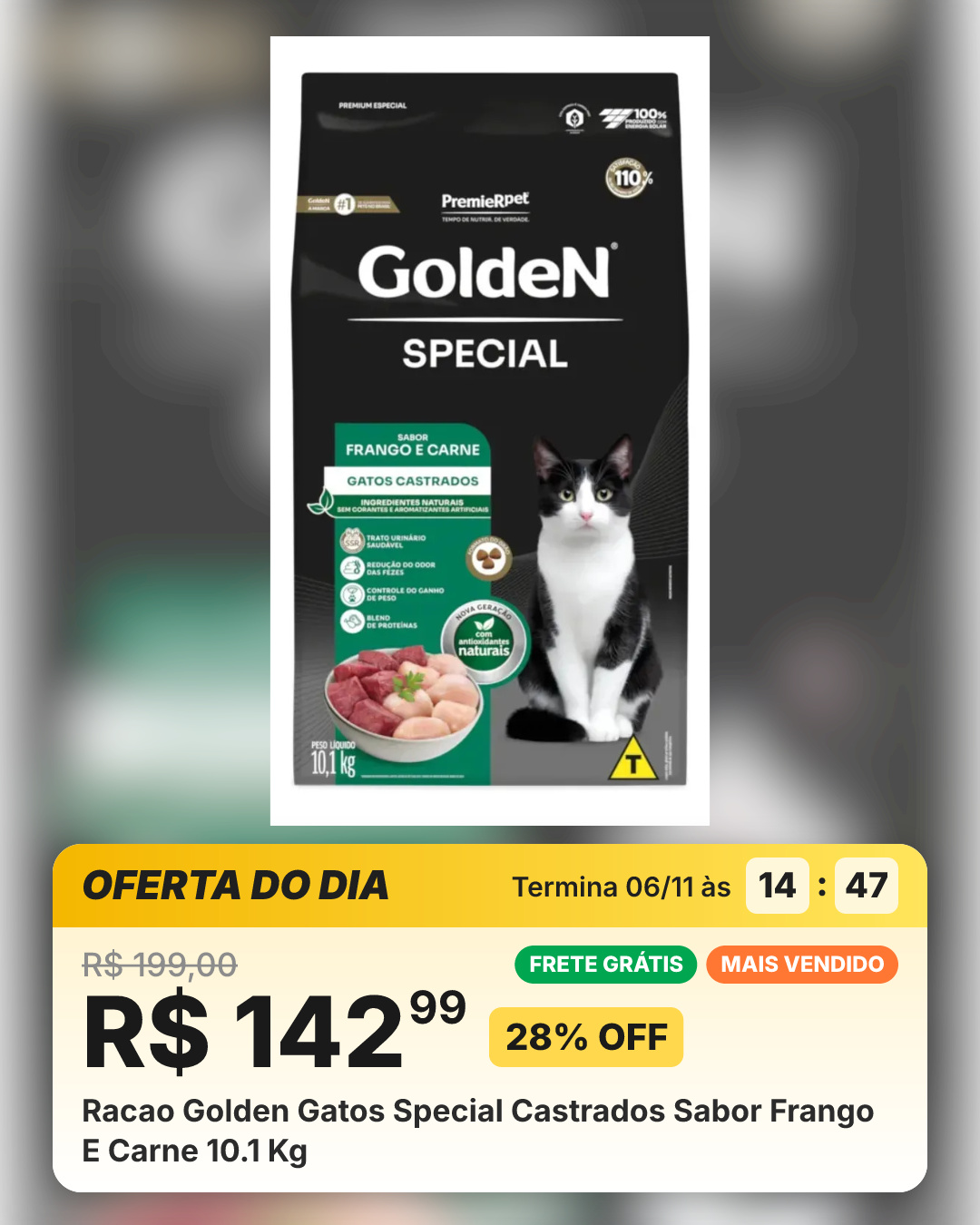Racao Golden Gatos Special Castrados Sabor Frango E Carne 10.1 Kg