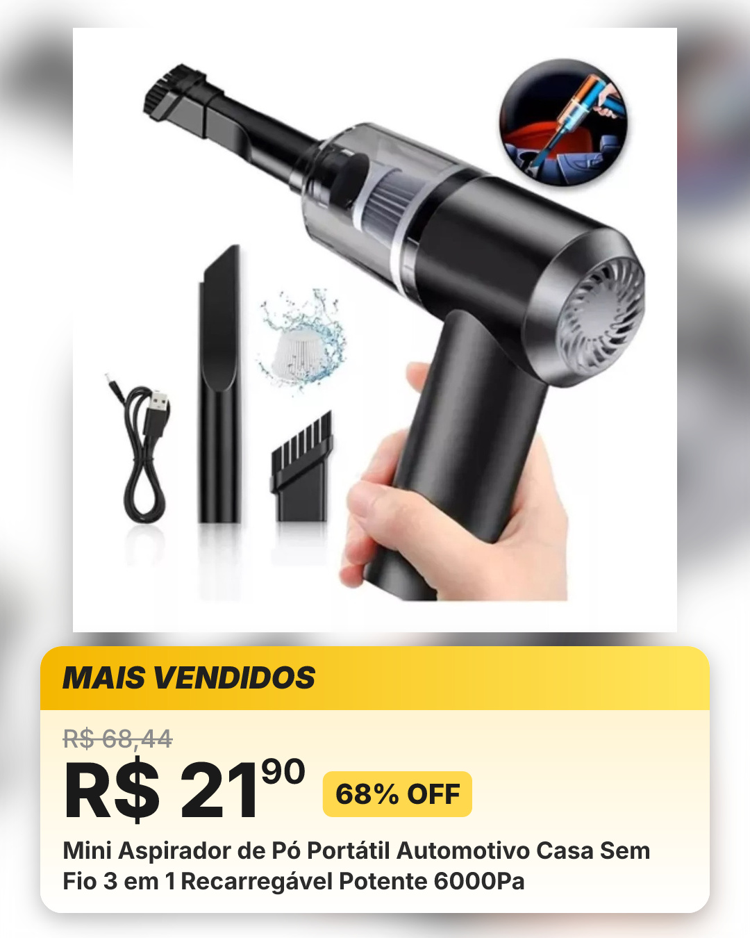 Mini Aspirador de Pó Portátil Automotivo Casa Sem Fio 3 em 1 Recarregável Potente 6000Pa