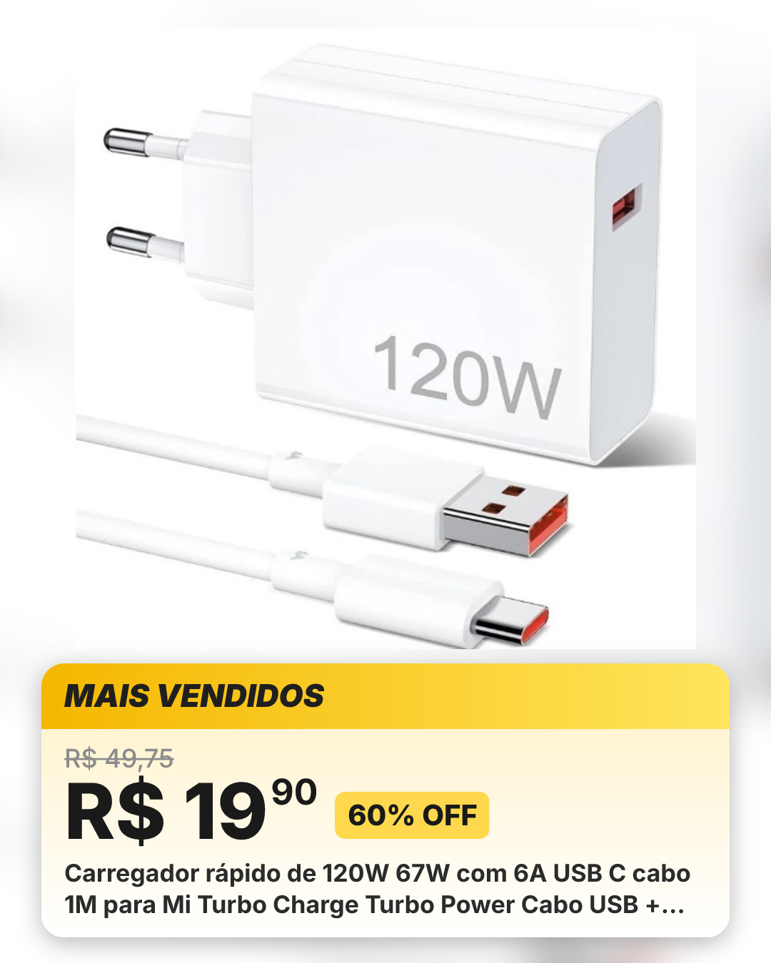 Carregador rápido de 120W 67W com 6A USB C cabo 1M para Mi Turbo Charge Turbo Power Cabo USB + Cabo Tipo C