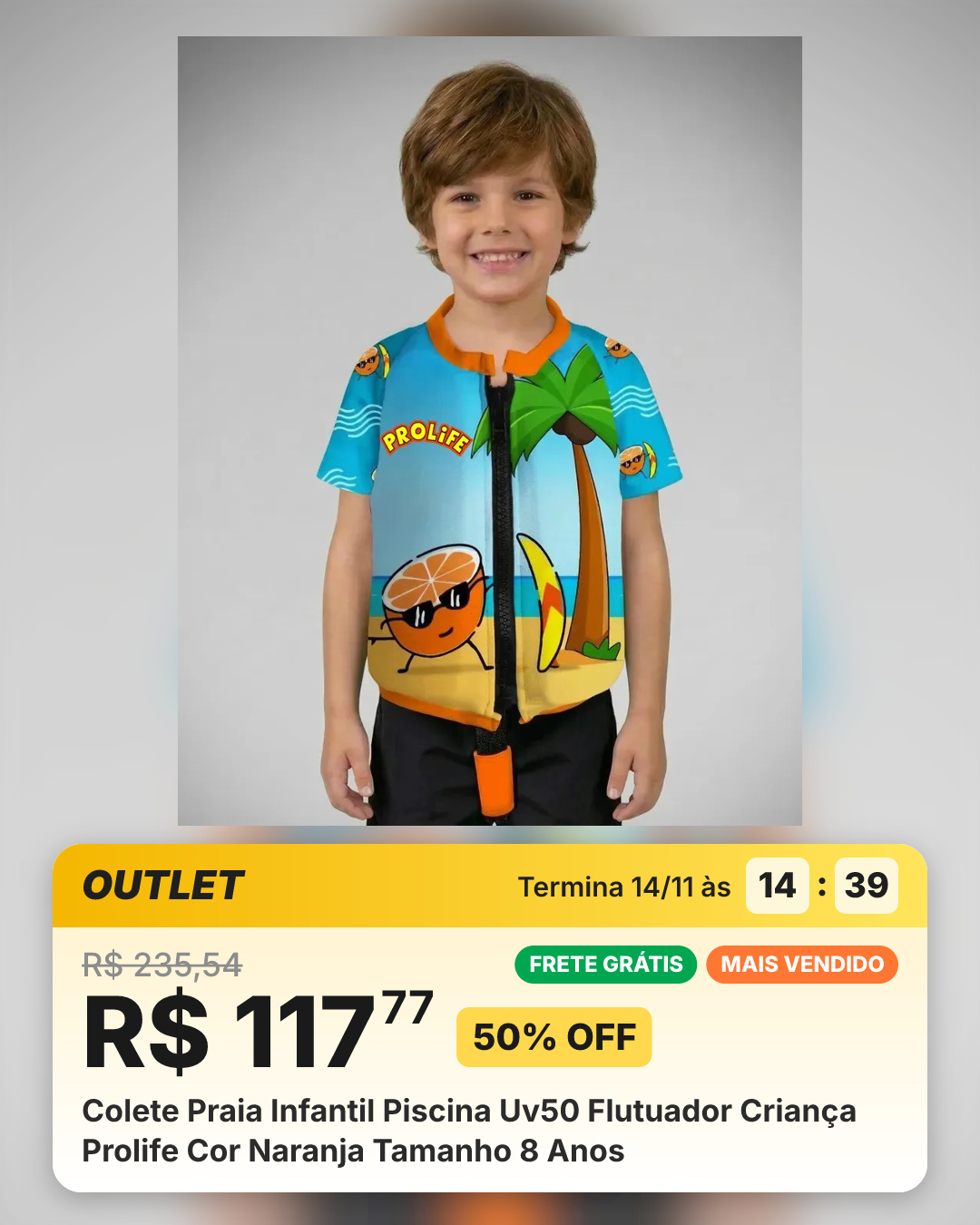 Colete Praia Infantil Piscina Uv50 Flutuador Criança Prolife Cor Naranja Tamanho 8 Anos