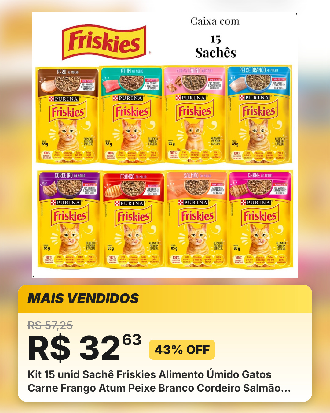 Kit 15 unid Sachê Friskies Alimento Úmido Gatos Carne Frango Atum Peixe Branco Cordeiro Salmão Peru