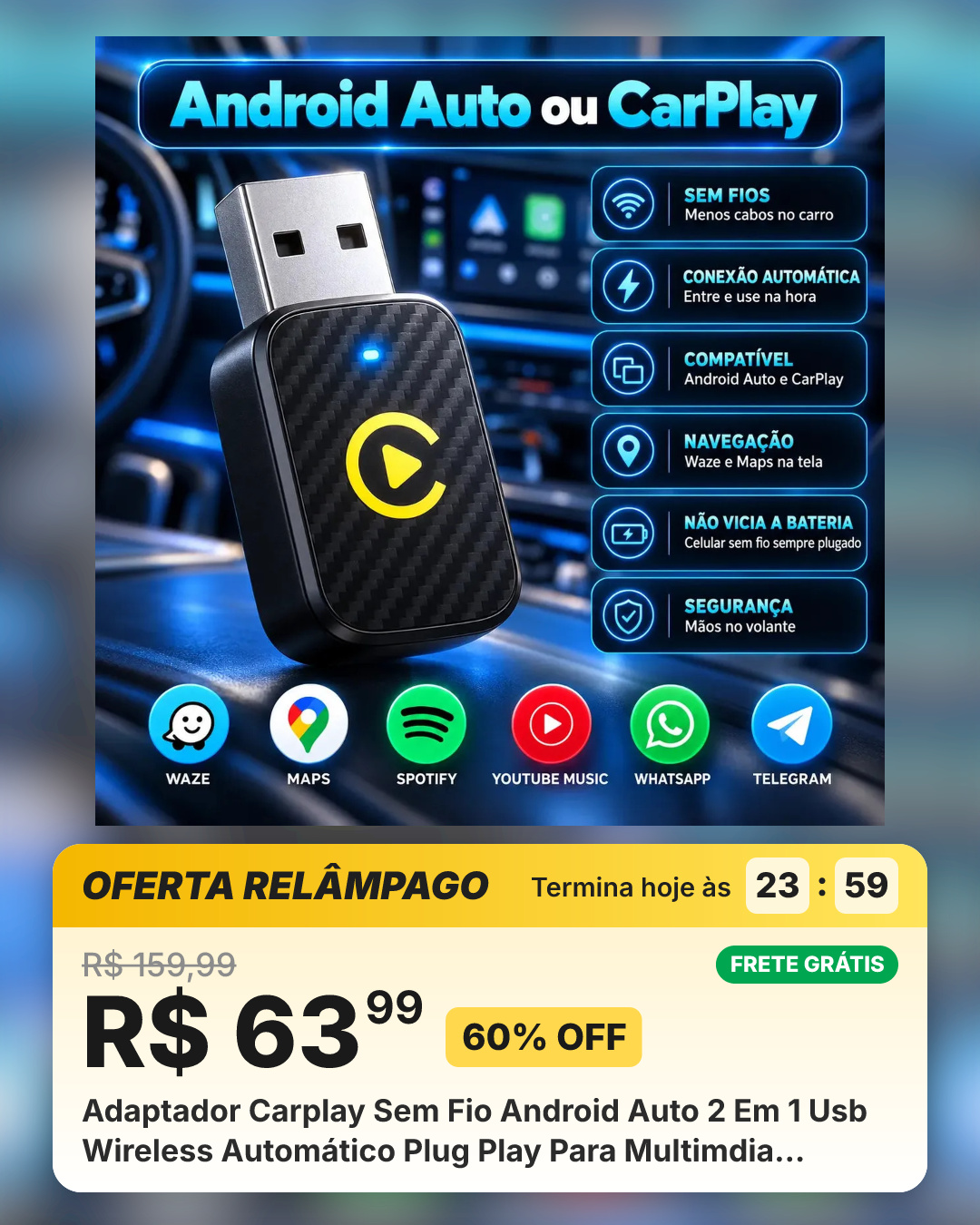 Adaptador Carplay Sem Fio Android Auto 2 Em 1 Usb Wireless Automático Plug Play Para Multimdia Android Conexão Rápida
